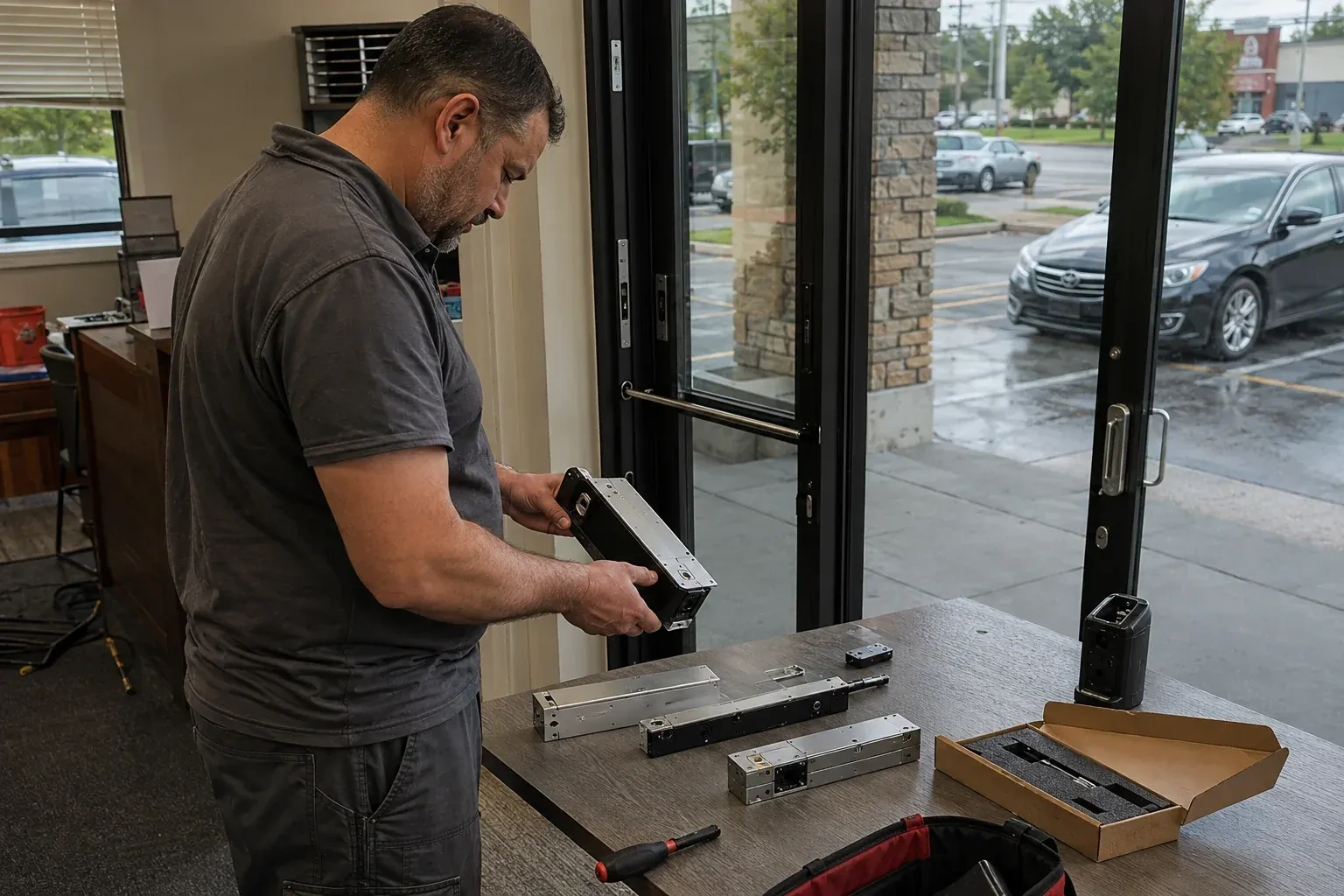 Person holding a rectangular door-hardware housing at a table with additional metal assemblies beside a glass entrance. — Access Control Installation, London