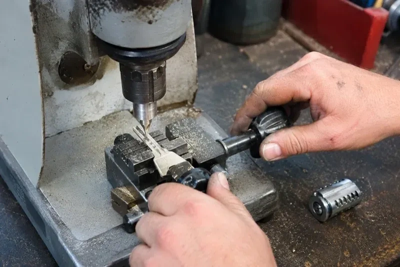Hands operating a bench-mounted machine with a key clamped beneath a vertical cutter and a loose lock cylinder nearby. — Car Key Replacement, London