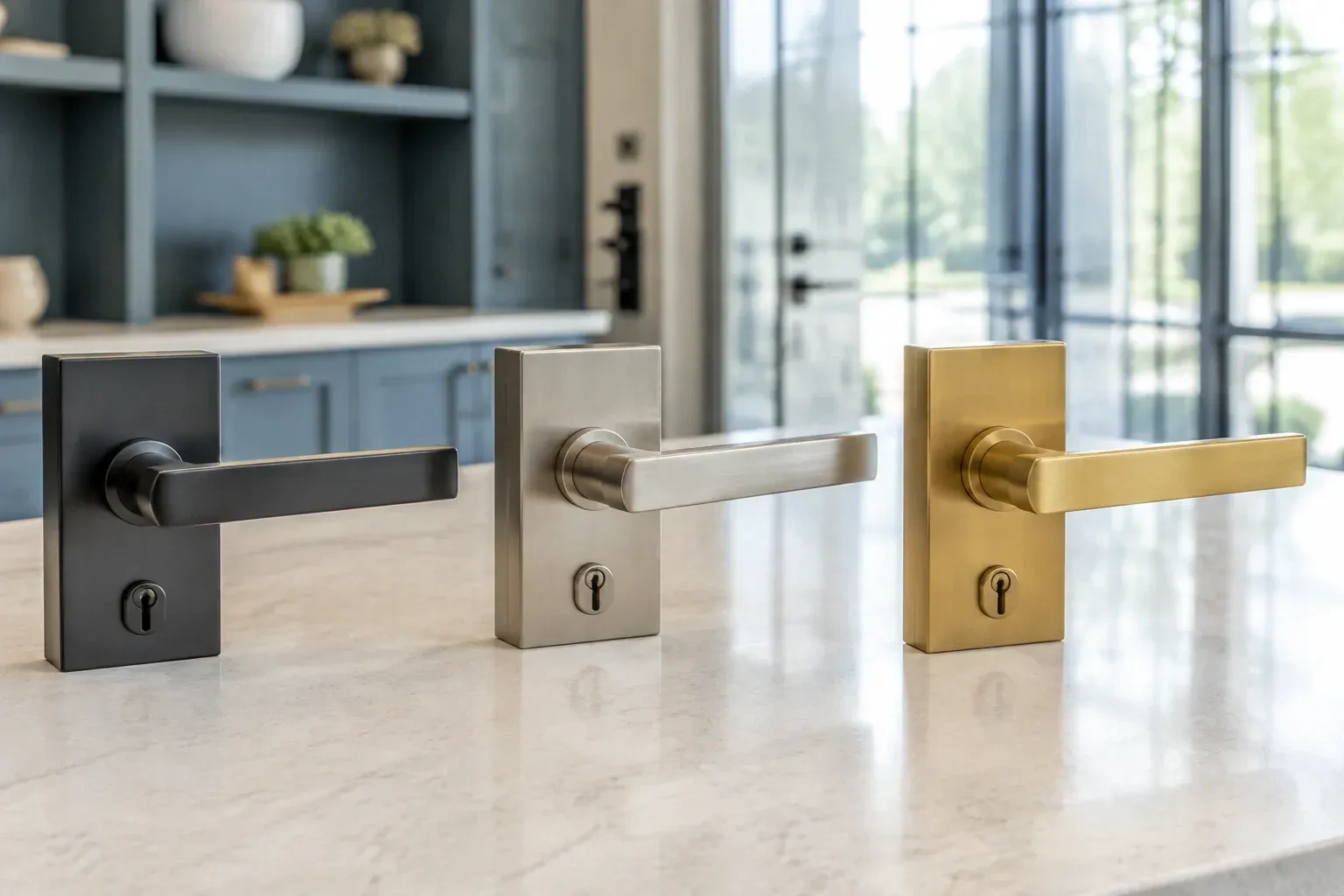 Three rectangular door-handle sets with keyholes in black, silver-colored and gold-colored finishes standing on a countertop. — Commercial Rekeying, London