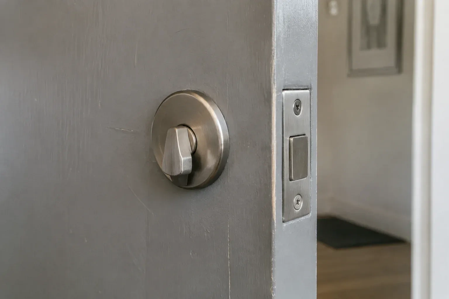 Close view of a satin-nickel deadbolt thumbturn and edge faceplate on a painted timber door. — Deadbolt Installation, London
