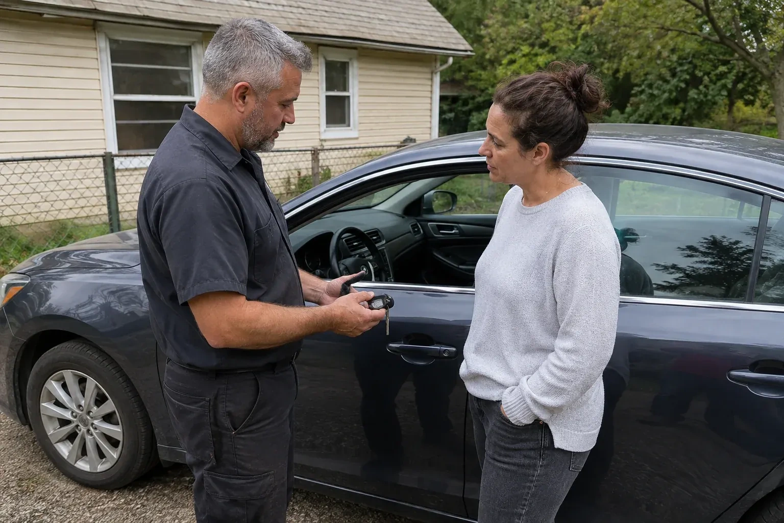 Two people standing beside a car with its window lowered, one holding a key and black key fob. — Ignition Lock Repair, London