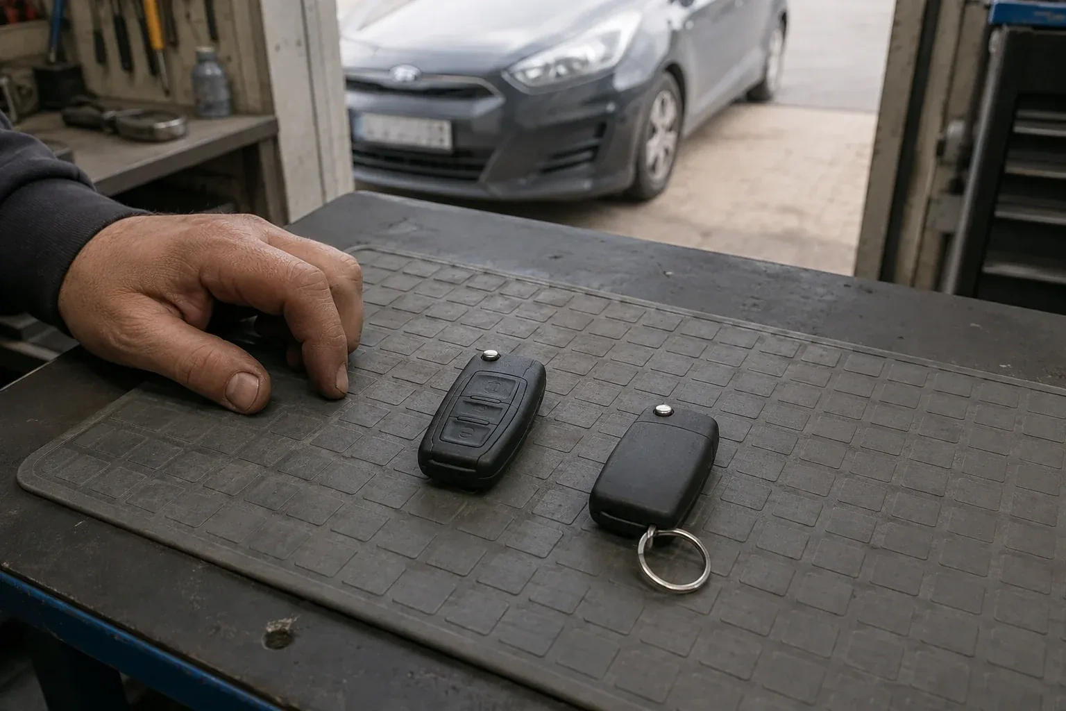 Two vehicle remote fobs on a work mat beside a technician’s hand, with a parked car beyond. — Key Fob Programming, London