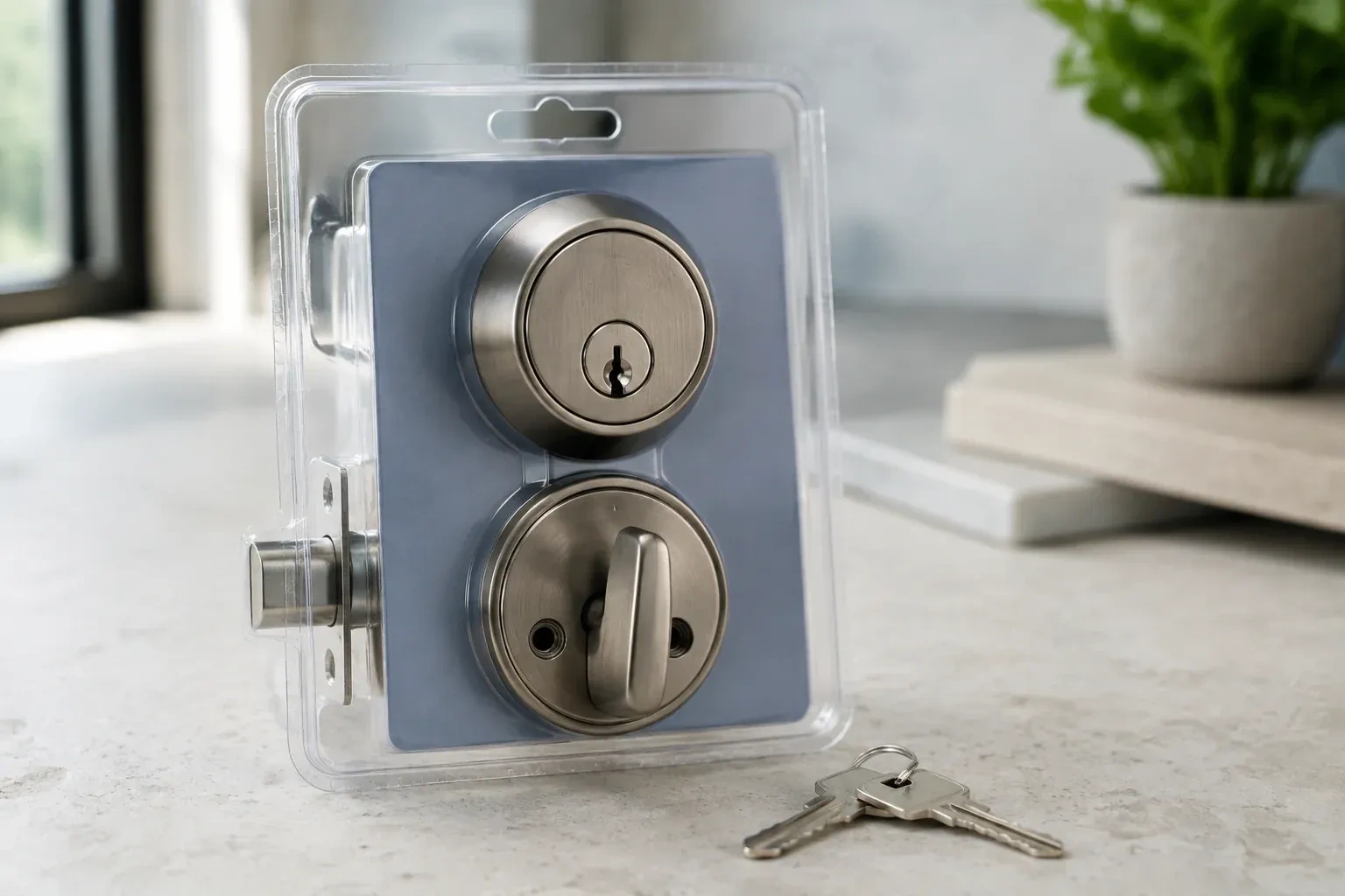 A silver-colored deadbolt set in clear packaging with two keys resting on the countertop in front. — Lock Rekeying, London