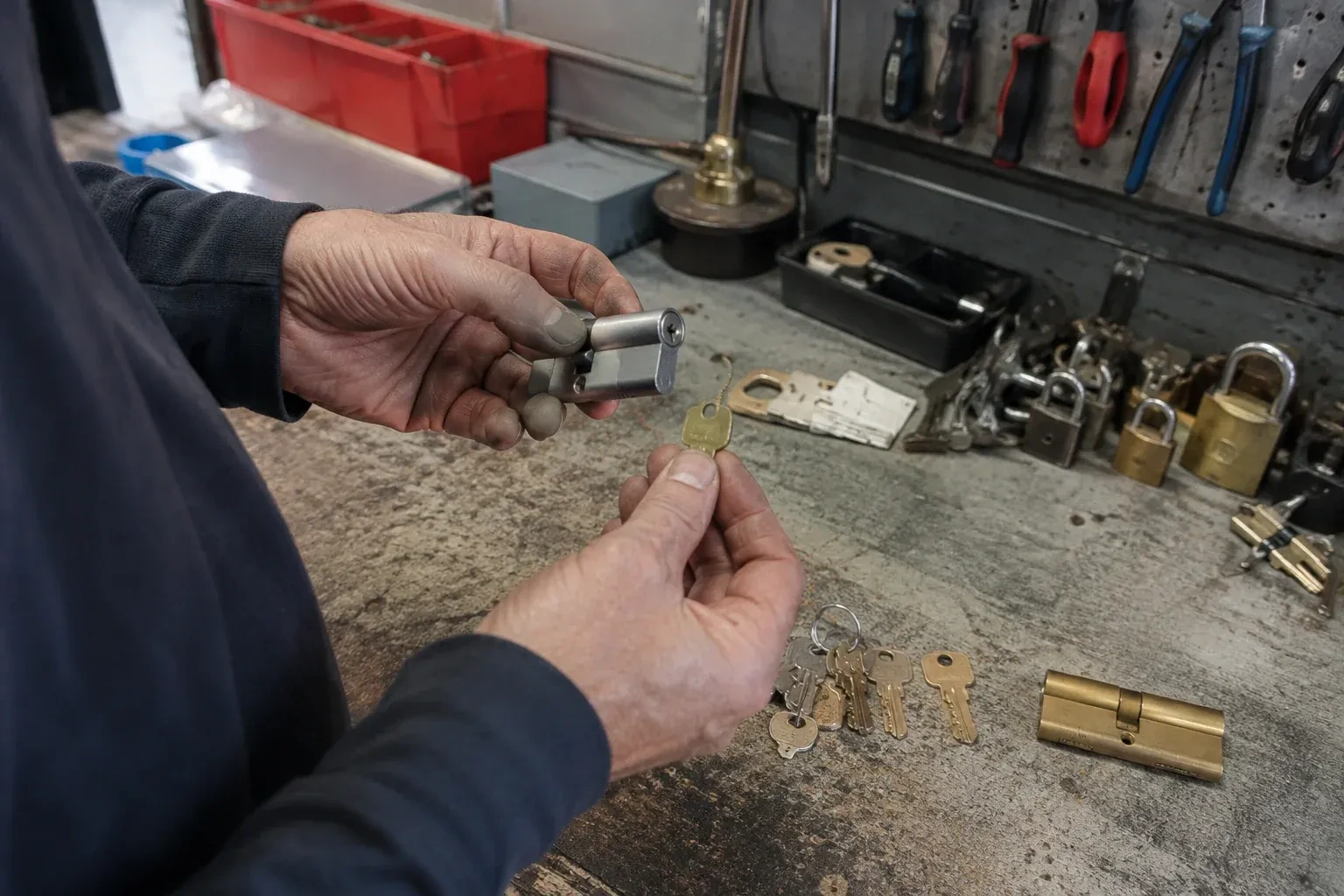Hands holding a silver-colored lock cylinder and a brass-colored key above a workbench with padlocks, keys and tools. — Master Key System Design, London
