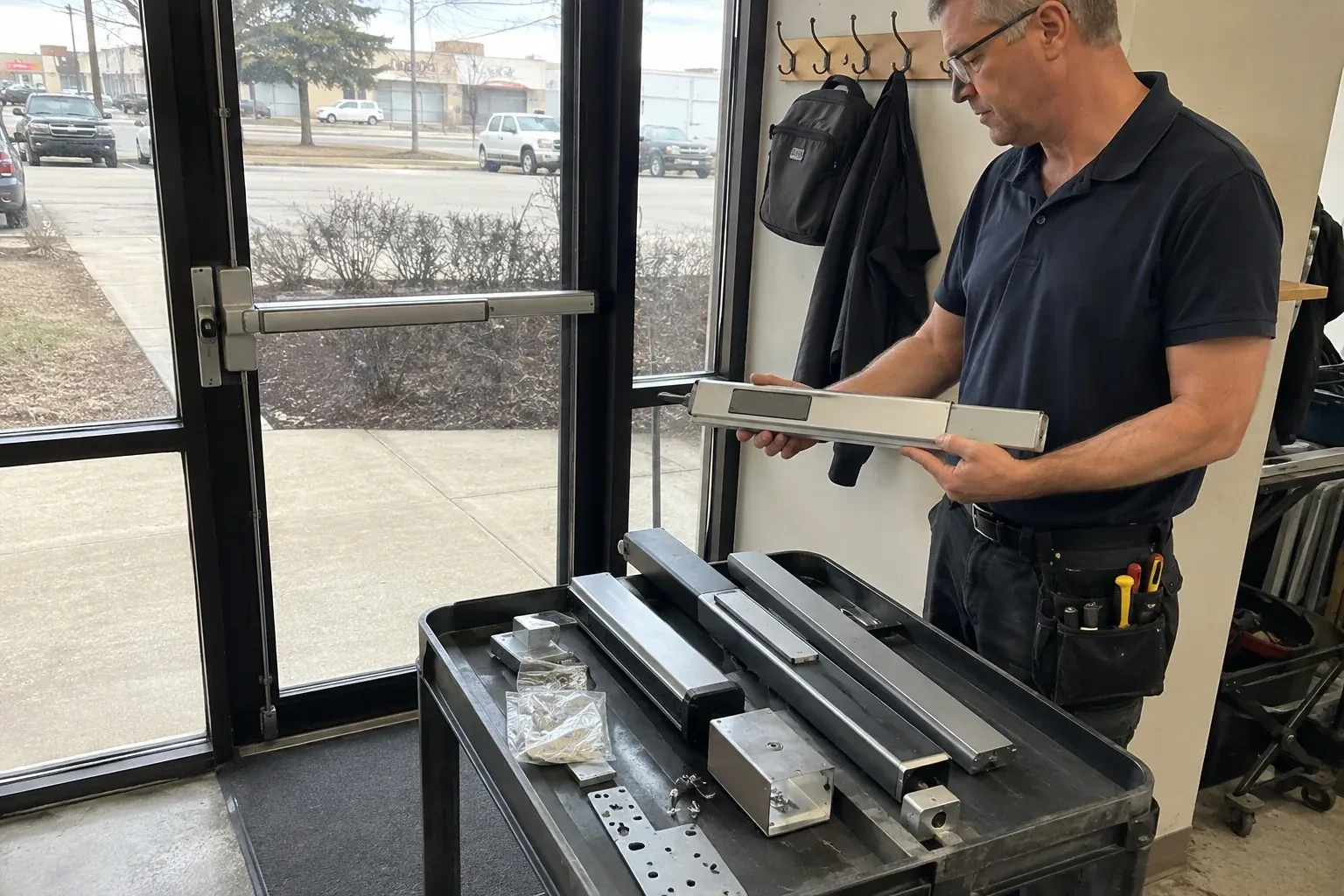 Person holding a long metal door-hardware assembly beside a cart of similar parts and a glass door fitted with a push bar. — Panic & Exit Hardware, London