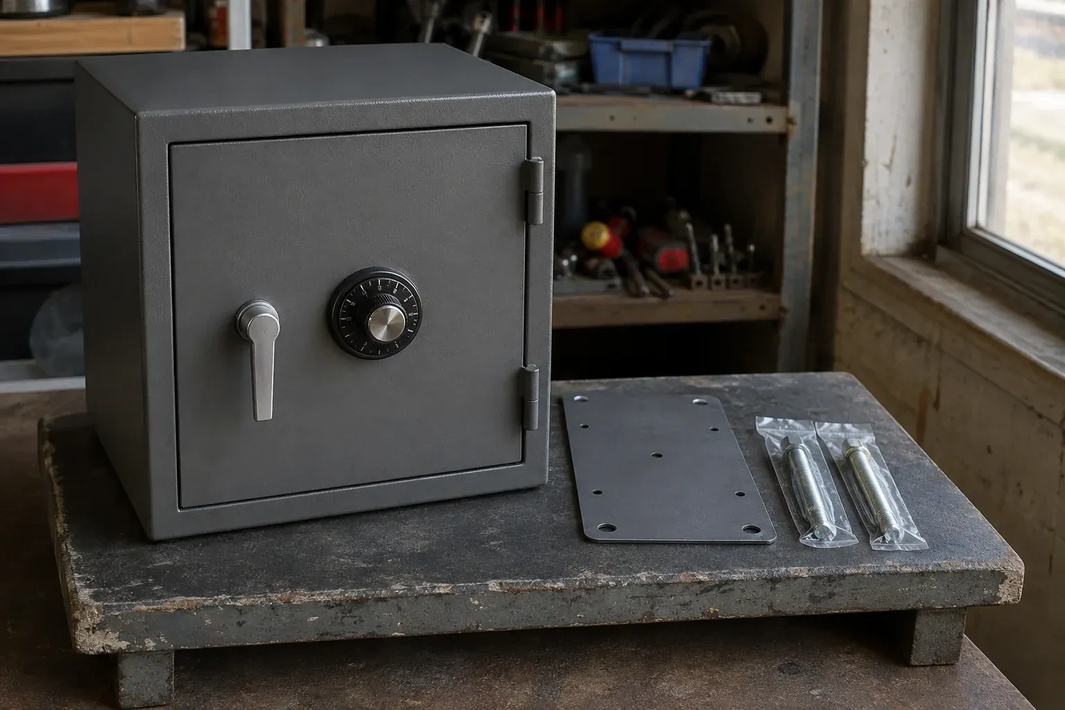 Closed small safe beside a metal plate and packaged fasteners on a workshop bench. — Safe Installation & Servicing, London