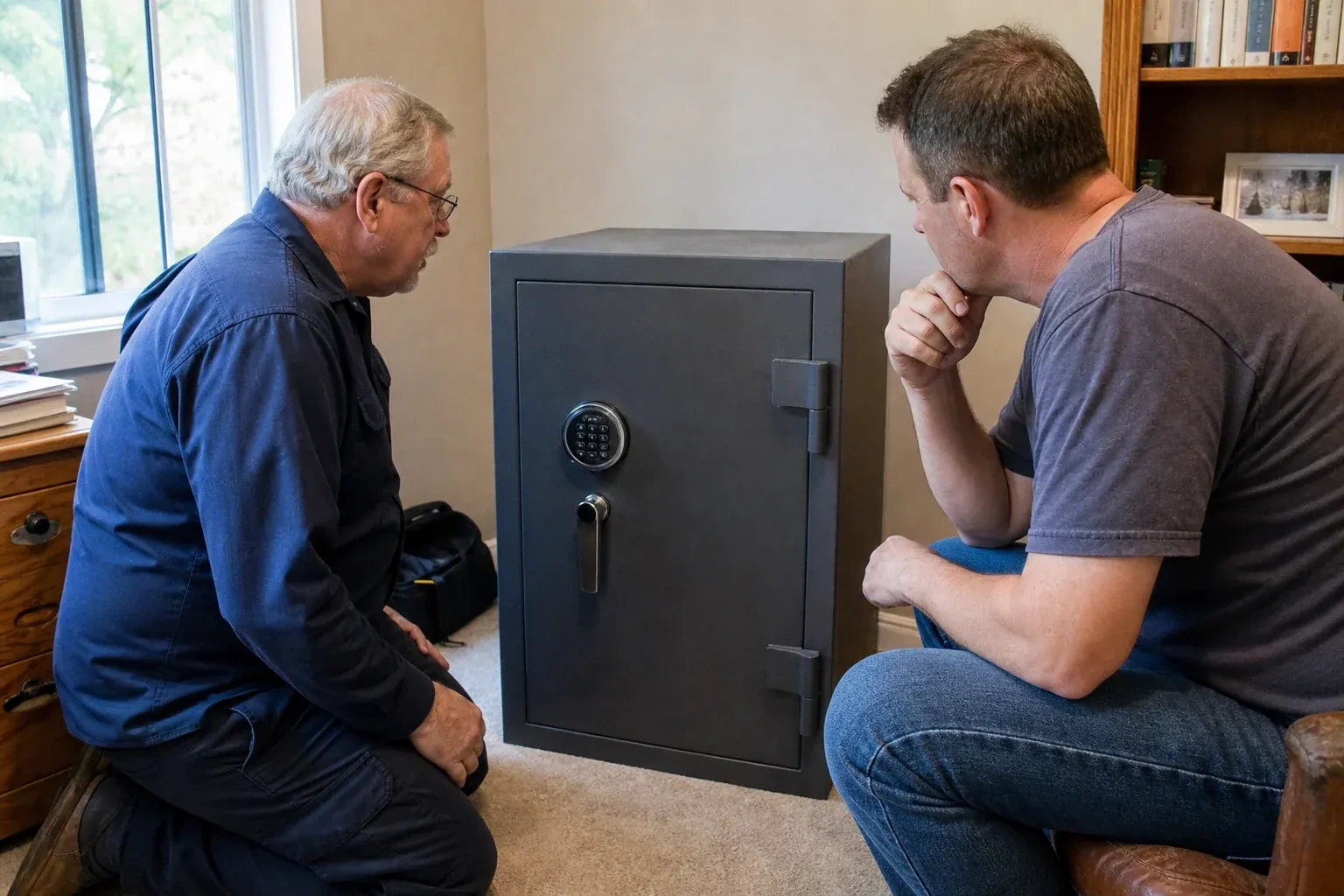 Two adults discussing a closed keypad safe in a home study. — Safe Opening & Combination Change, London