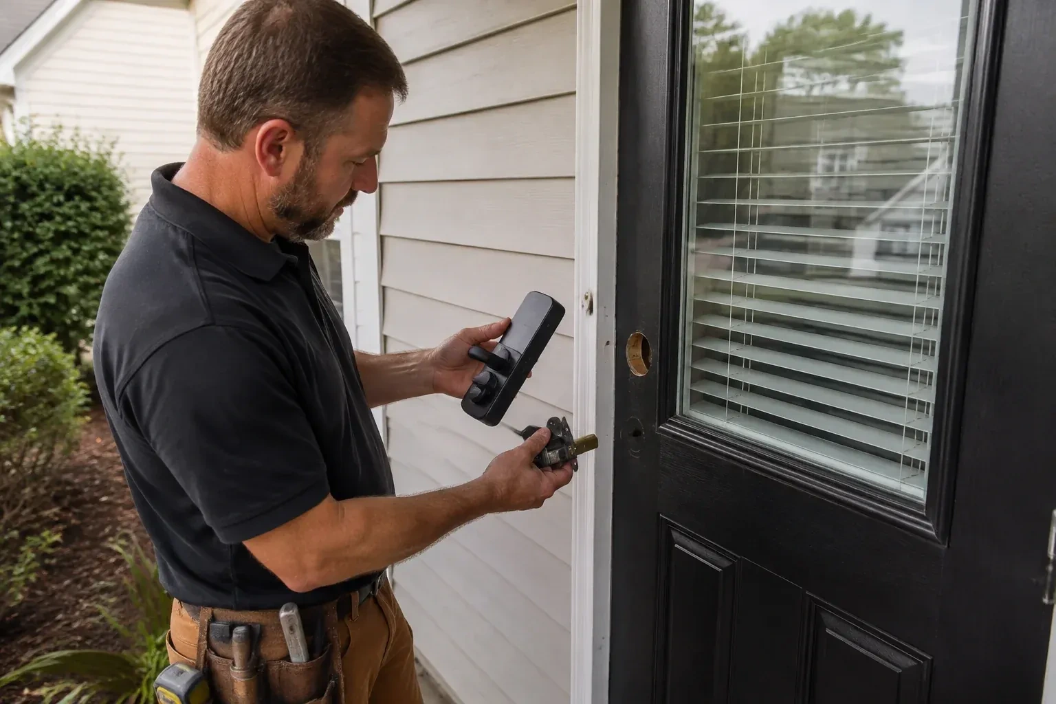 Person holding a black door-handle assembly and a latch beside a glazed door with exposed lock openings. — Smart Lock Installation, London