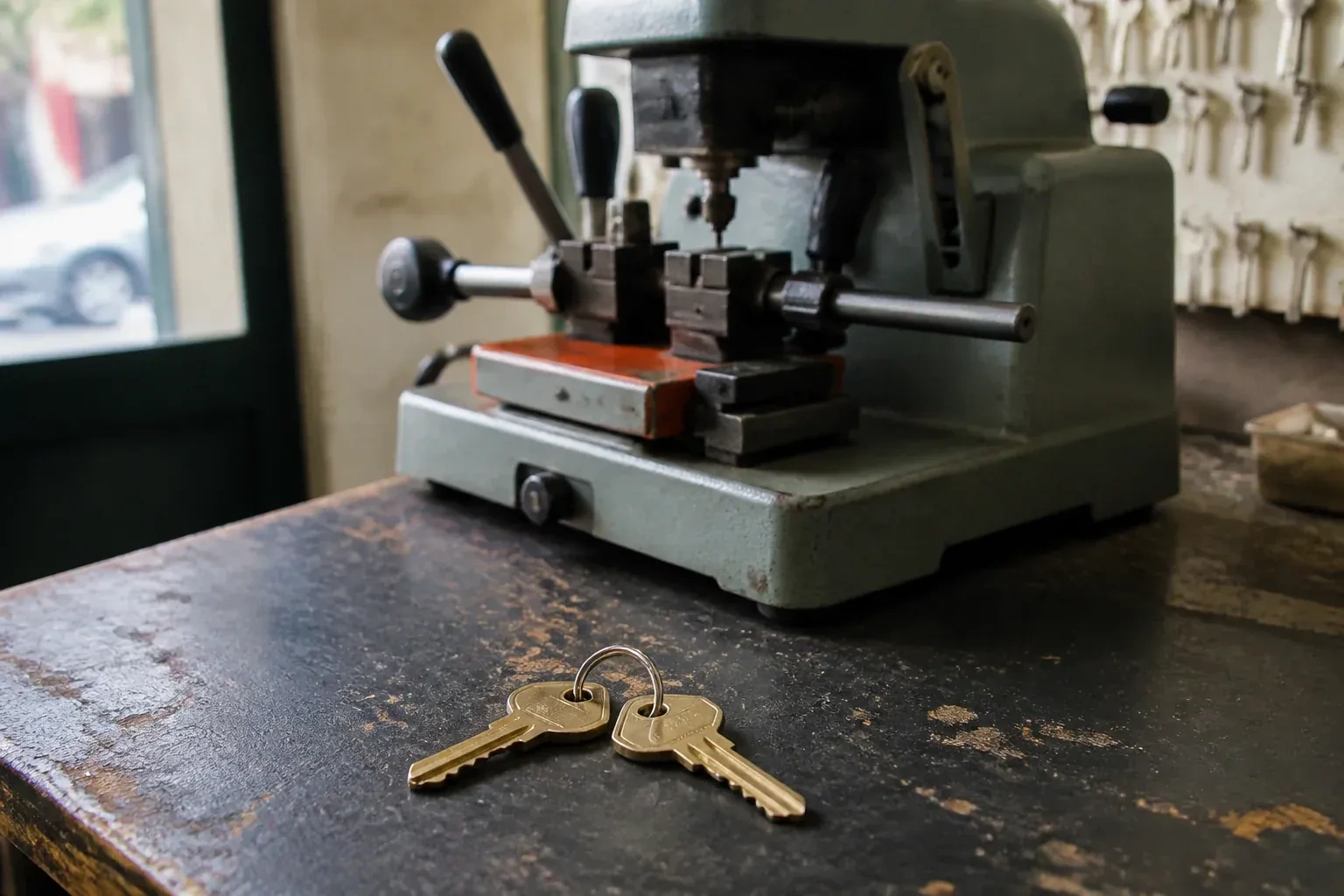 Two brass house keys on a ring resting on a workshop counter. — Spare Car Key Duplication, London