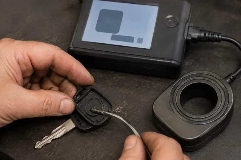 Hands using tweezers at an opened car-key head beside a small electronic unit and a ring-shaped accessory. — Transponder Key Programming, London