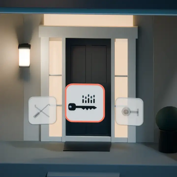 Illustration: three cards in front of the door, one option chosen and two faded